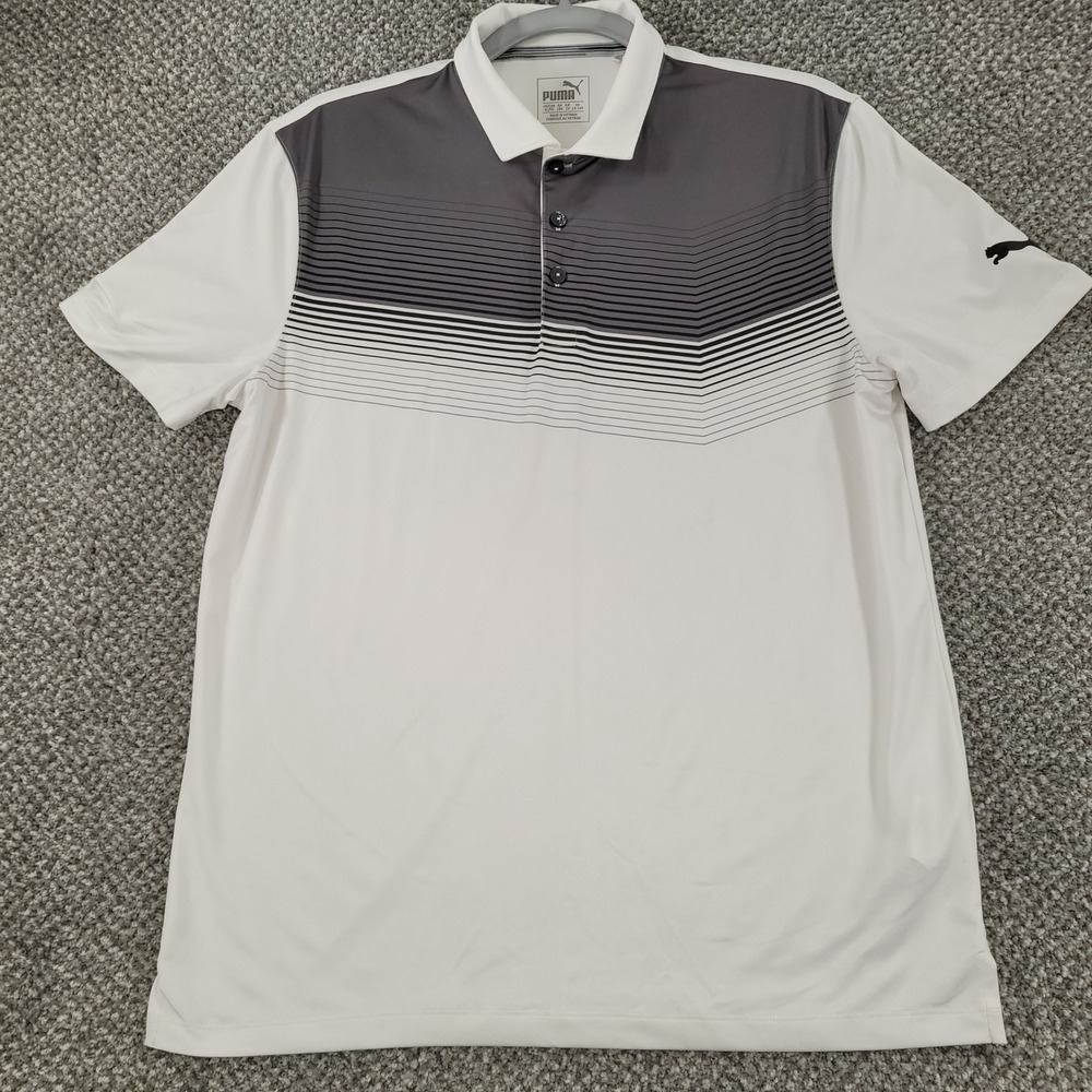 Puma Boys Golf Polo Shirt XL White Grey Gradient Striped DryCell Short Sleeve